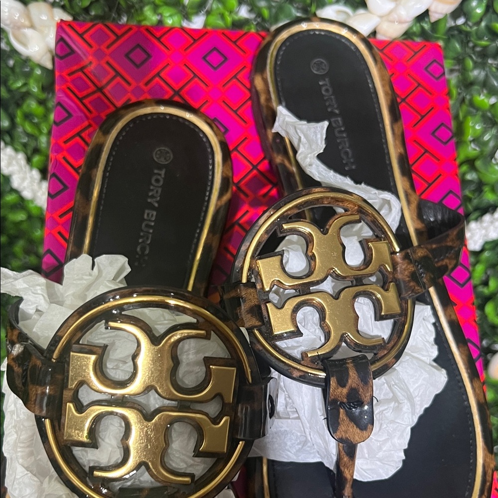 Tory Burch RT: $248 Metal Miller Barbados Leopard sandals Slipper size 8 - Picture 3 of 9